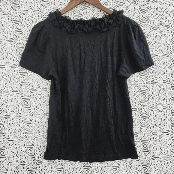 Loft Scoop Neck Short Sleeve Details neckline Black Top Women's M/P - Picture 2 of 6
